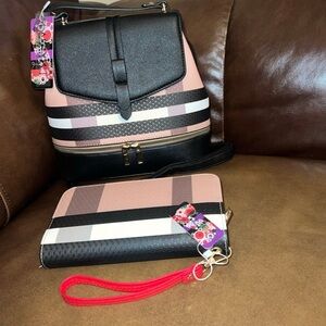 Stylish Black and Pink Women's Backpack and Wallet Set